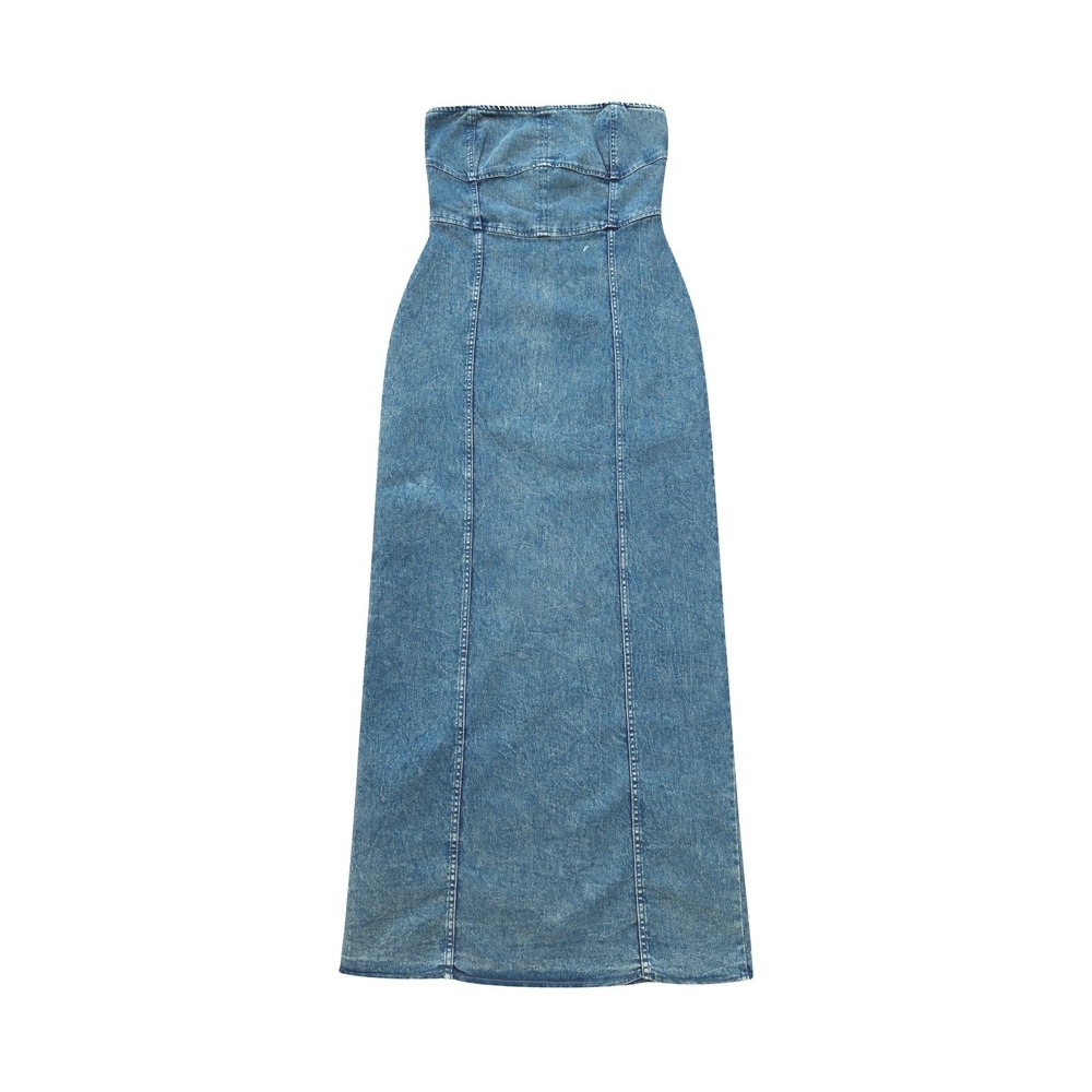 Womens Strapless Denim Maxi Dress XL Distressed Bodycon Corset Seam Back Slit - Picture 2 of 5